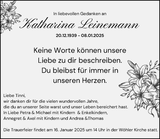 Traueranzeige von Katharina Leinemann von Hildesheimer Allgemeine Zeitung