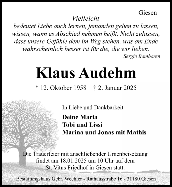 Traueranzeige von Klaus Audehm von Hildesheimer Allgemeine Zeitung