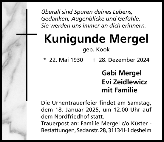 Traueranzeige von Kunigunde Mergel von Hildesheimer Allgemeine Zeitung