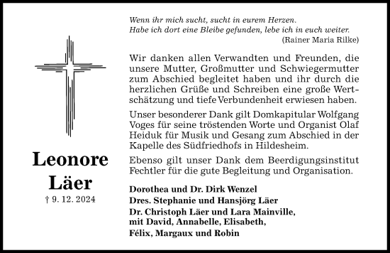 Traueranzeige von Leonore Läer von Hildesheimer Allgemeine Zeitung