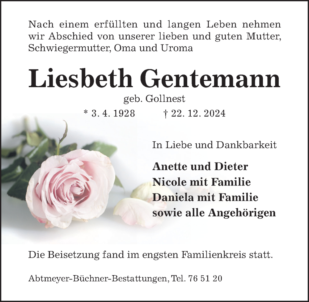  Traueranzeige für Liesbeth Gentemann vom 29.01.2025 aus Hildesheimer Allgemeine Zeitung