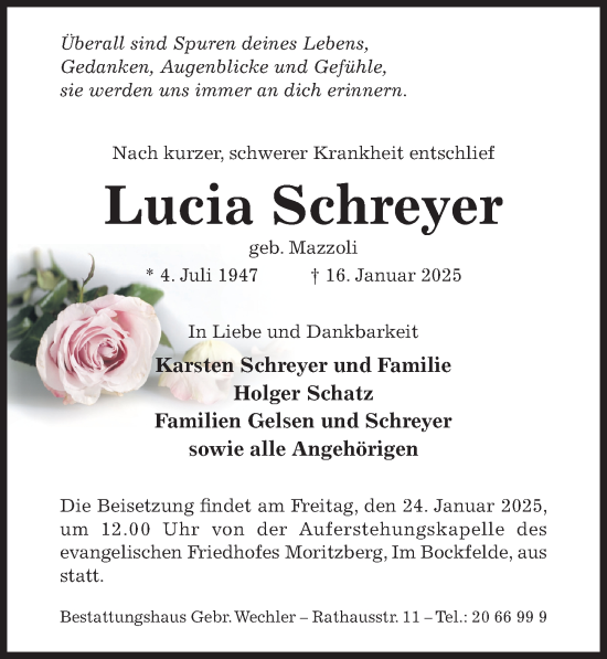 Traueranzeige von Lucia Schreyer von Hildesheimer Allgemeine Zeitung