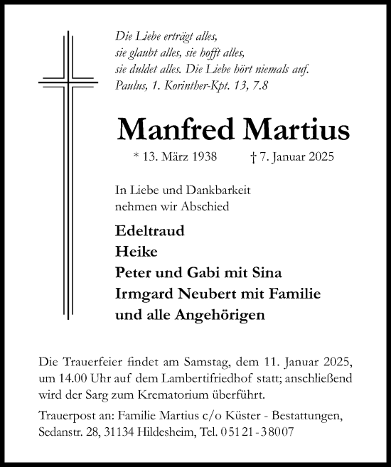 Traueranzeige von Manfred Martius von Hildesheimer Allgemeine Zeitung