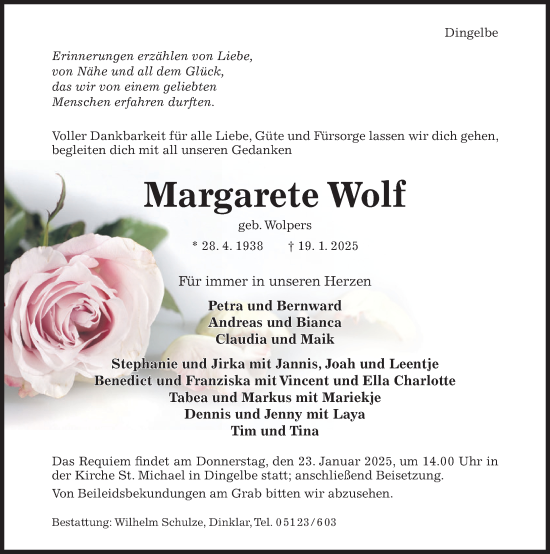 Traueranzeige von Margarete Wolf von Hildesheimer Allgemeine Zeitung