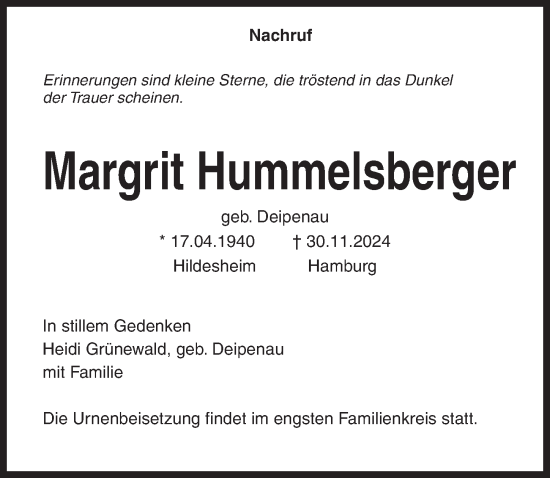 Traueranzeige von Margrit Hummelsberger von Hildesheimer Allgemeine Zeitung