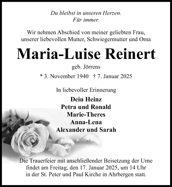 Traueranzeige von Maria-Luise Reinert von Hildesheimer Allgemeine Zeitung