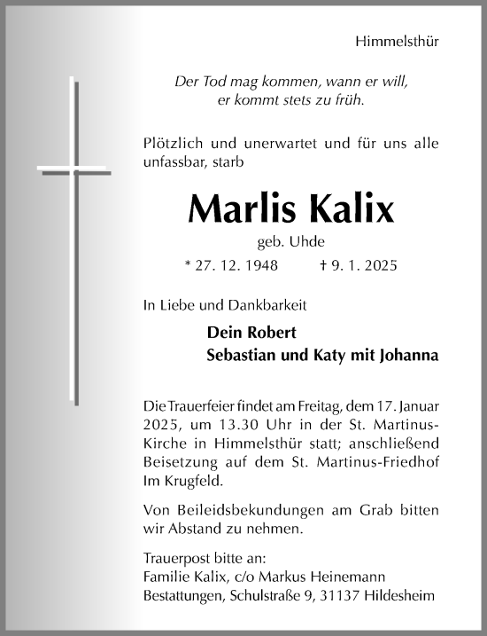 Traueranzeige von Marlis Kalix von Hildesheimer Allgemeine Zeitung
