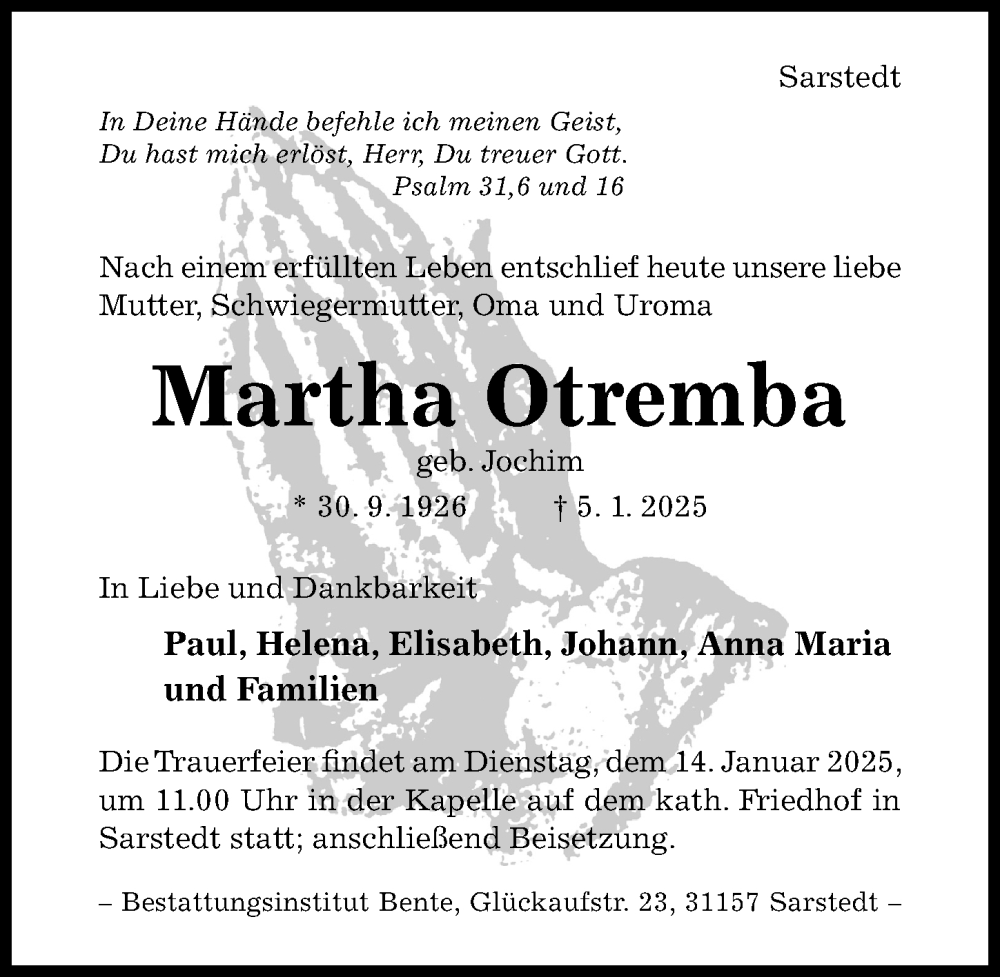  Traueranzeige für Martha Otremba vom 08.01.2025 aus Hildesheimer Allgemeine Zeitung