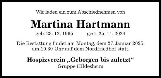Traueranzeige von Martina Hartmann von Hildesheimer Allgemeine Zeitung