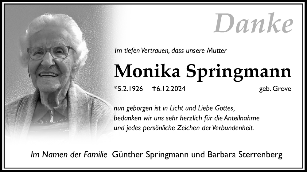  Traueranzeige für Monika Springmann vom 15.01.2025 aus Hildesheimer Allgemeine Zeitung