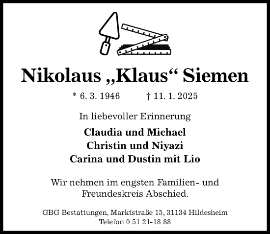 Traueranzeige von Nikolaus  Siemen von Hildesheimer Allgemeine Zeitung
