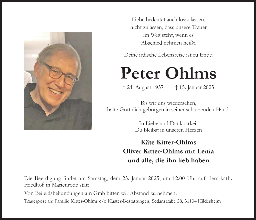  Traueranzeige für Peter Ohlms vom 18.01.2025 aus Hildesheimer Allgemeine Zeitung