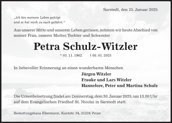 Traueranzeige von Petra Schulz-Witzler von Hildesheimer Allgemeine Zeitung