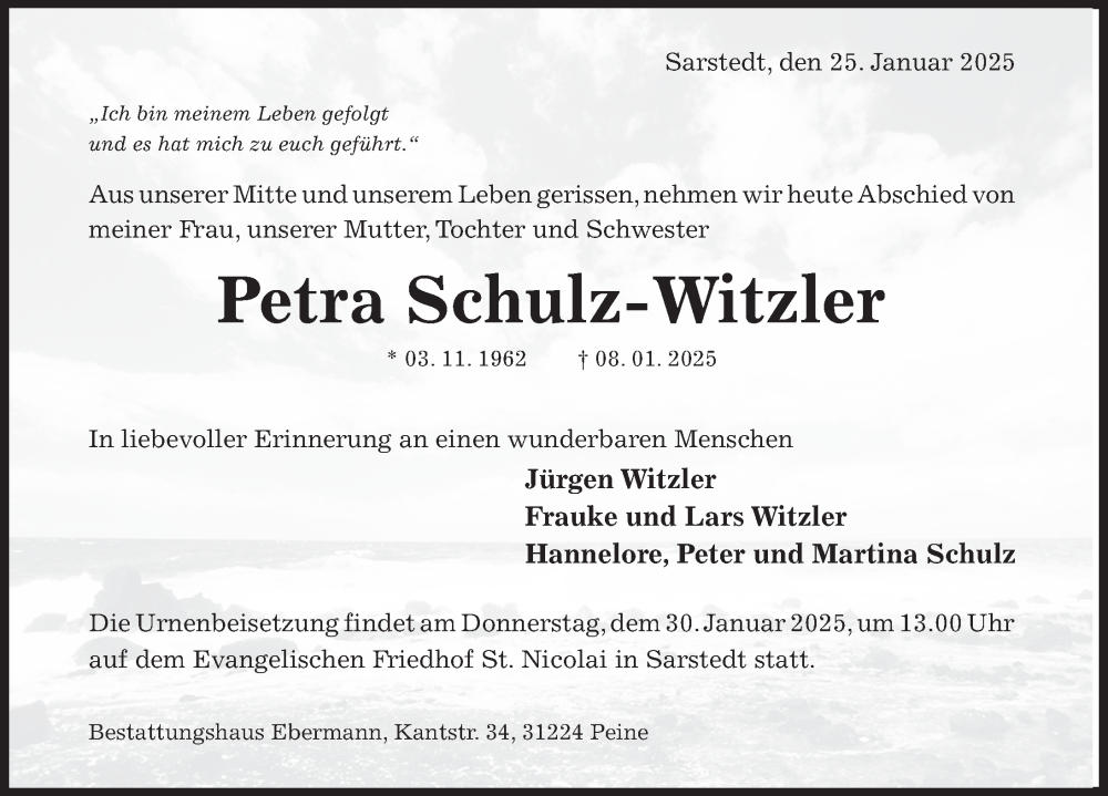  Traueranzeige für Petra Schulz-Witzler vom 25.01.2025 aus Hildesheimer Allgemeine Zeitung