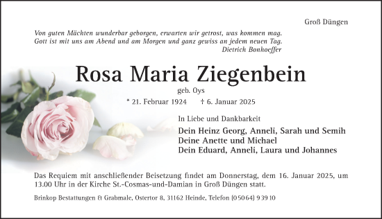 Traueranzeige von Rosa Maria Ziegenbein von Hildesheimer Allgemeine Zeitung