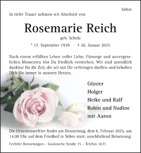 Traueranzeige von Rosemarie Reich von Hildesheimer Allgemeine Zeitung