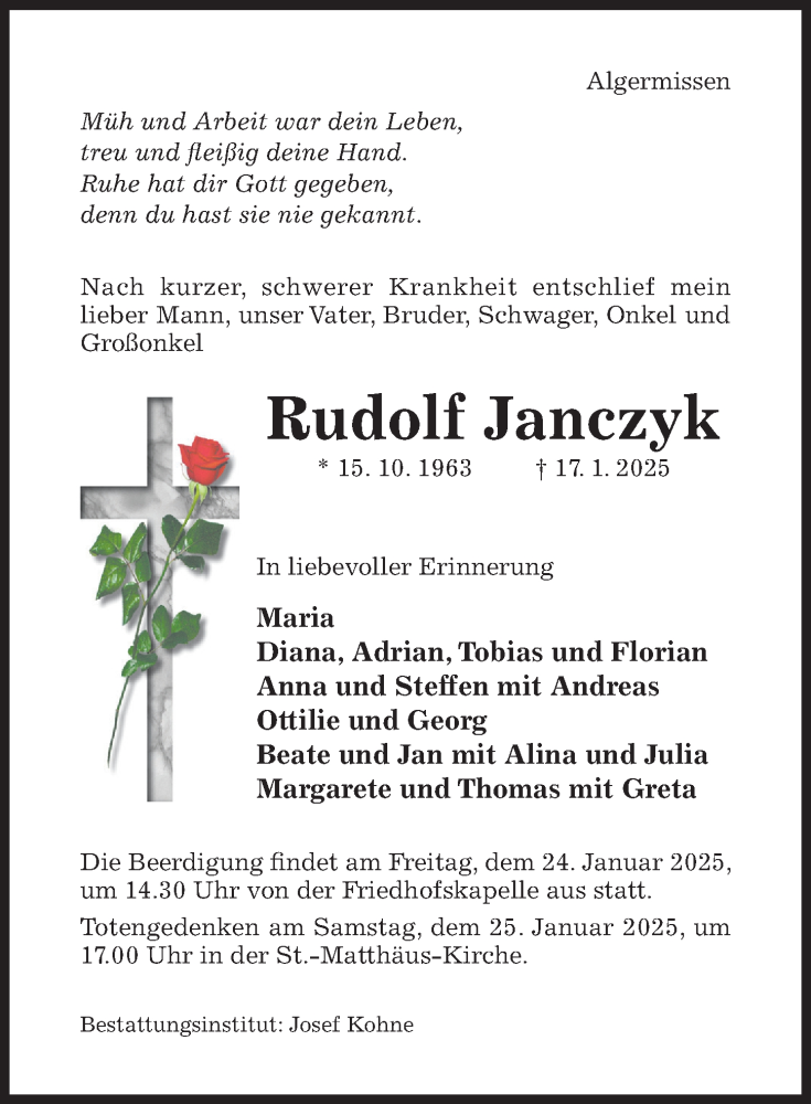  Traueranzeige für Rudolf Janczyk vom 22.01.2025 aus Hildesheimer Allgemeine Zeitung