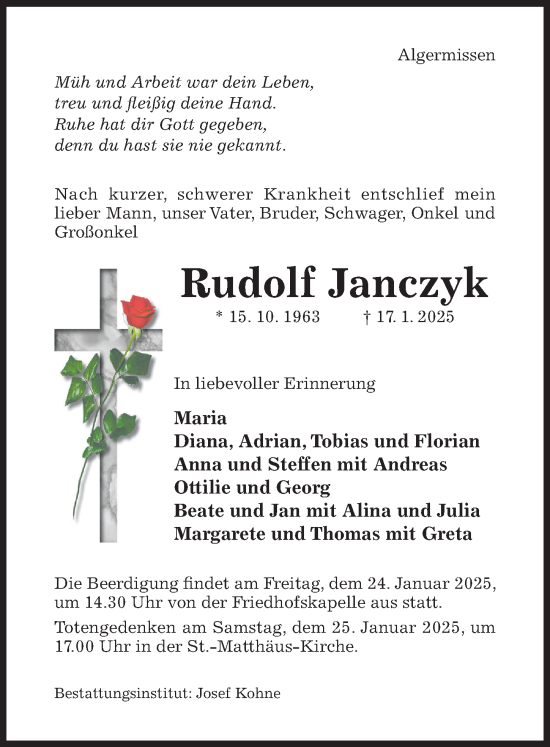 Traueranzeige von Rudolf Janczyk von Hildesheimer Allgemeine Zeitung