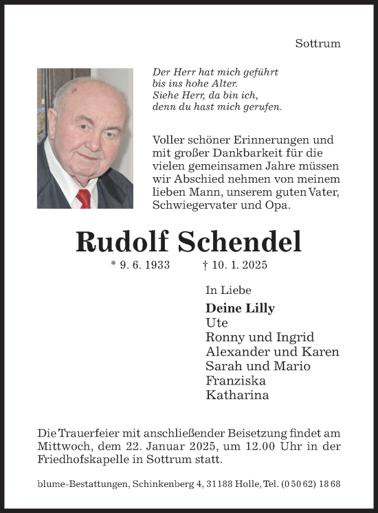 Traueranzeige von Rudolf Schendel von Hildesheimer Allgemeine Zeitung