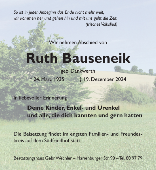 Traueranzeige von Ruth Bauseneik von Hildesheimer Allgemeine Zeitung