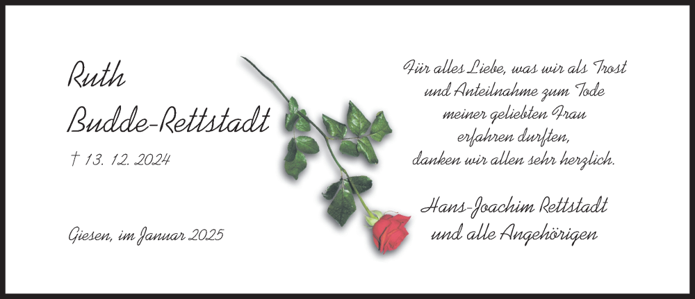  Traueranzeige für Ruth Budde-Rettstadt vom 22.01.2025 aus Hildesheimer Allgemeine Zeitung