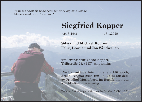 Traueranzeige von Siegfried Kopper von Hildesheimer Allgemeine Zeitung