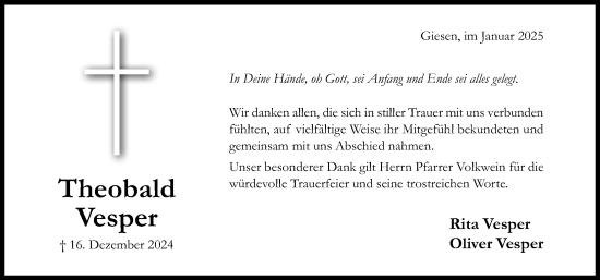 Traueranzeige von Theobald Vesper von Hildesheimer Allgemeine Zeitung