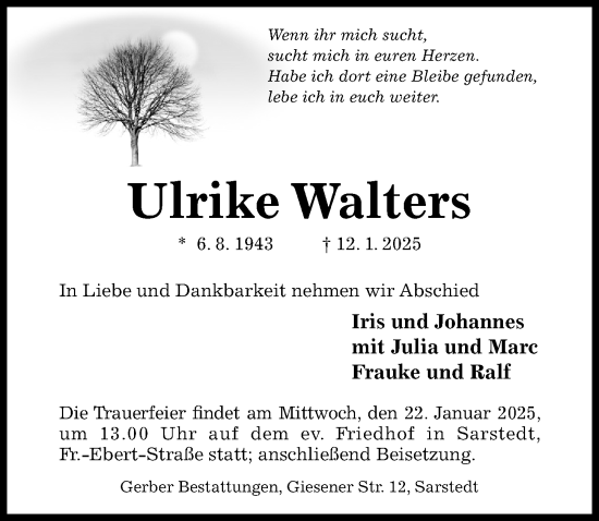 Traueranzeige von Ulrike Walters von Hildesheimer Allgemeine Zeitung