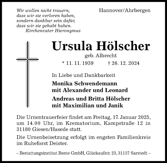 Traueranzeige von Ursula Hölscher von Hildesheimer Allgemeine Zeitung