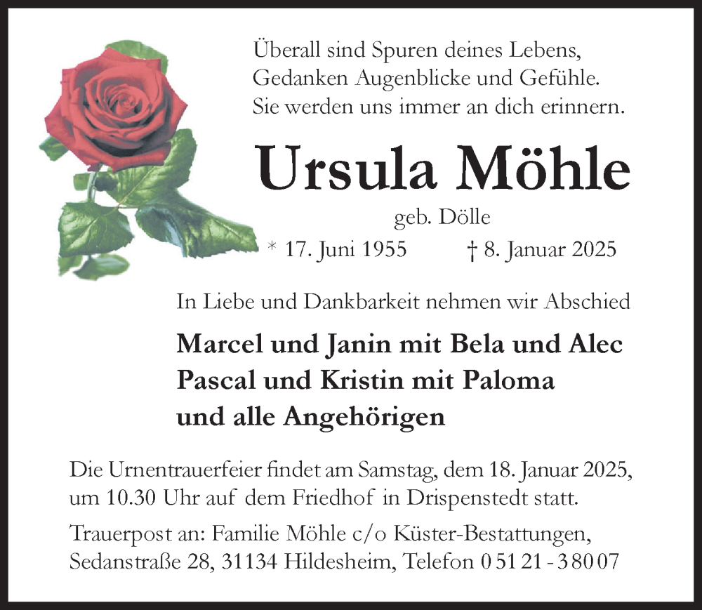  Traueranzeige für Ursula Möhle vom 15.01.2025 aus Hildesheimer Allgemeine Zeitung