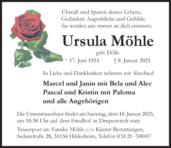 Traueranzeige von Ursula Möhle von Hildesheimer Allgemeine Zeitung