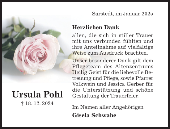 Traueranzeige von Ursula Pohl von Hildesheimer Allgemeine Zeitung