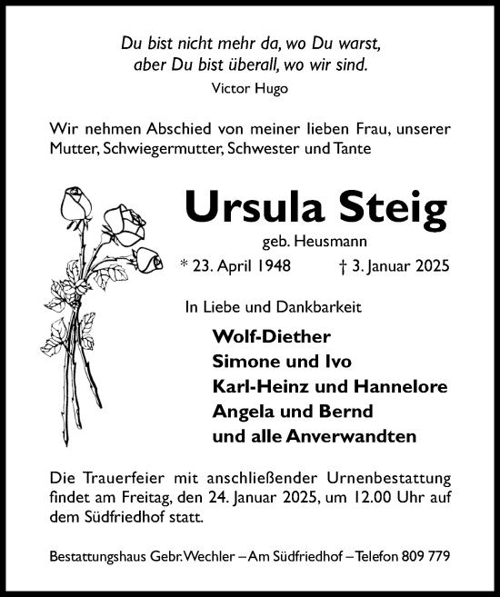 Traueranzeige von Ursula Steig von Hildesheimer Allgemeine Zeitung
