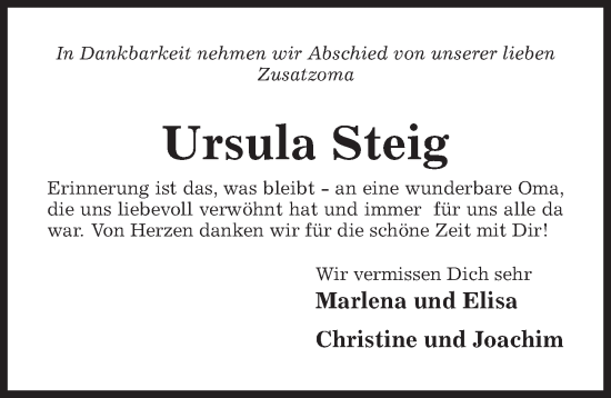 Traueranzeige von Ursula Steig von Hildesheimer Allgemeine Zeitung