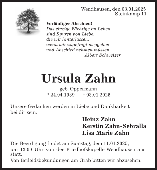 Traueranzeige von Ursula Zahn von Hildesheimer Allgemeine Zeitung