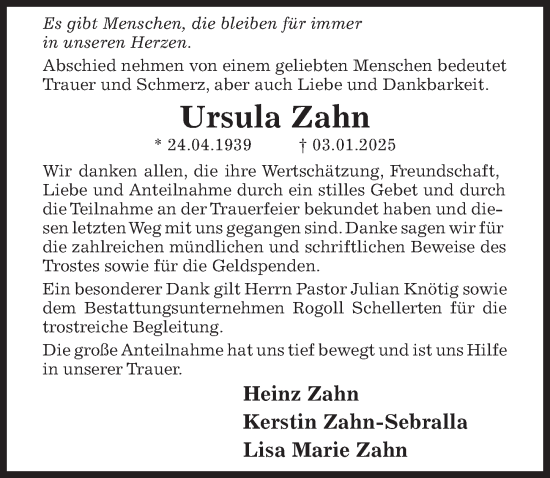 Traueranzeige von Ursula Zahn von Hildesheimer Allgemeine Zeitung