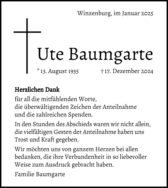 Traueranzeige von Ute Baumgarte von Hildesheimer Allgemeine Zeitung