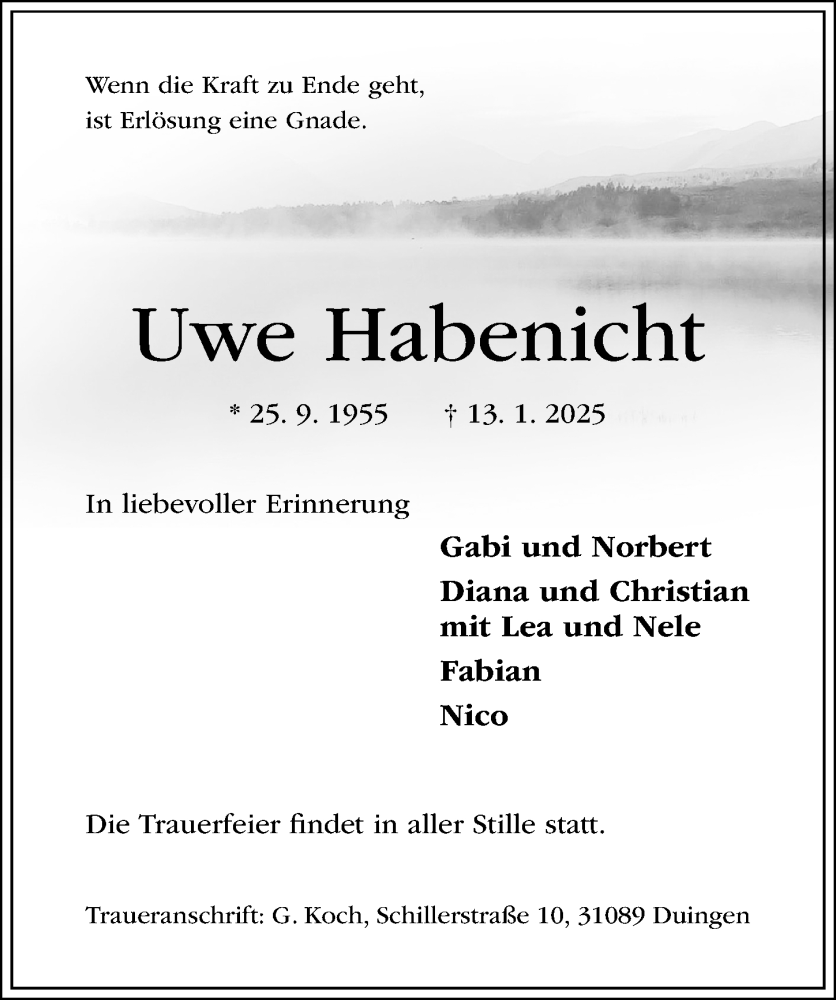  Traueranzeige für Uwe Habenicht vom 18.01.2025 aus Hildesheimer Allgemeine Zeitung