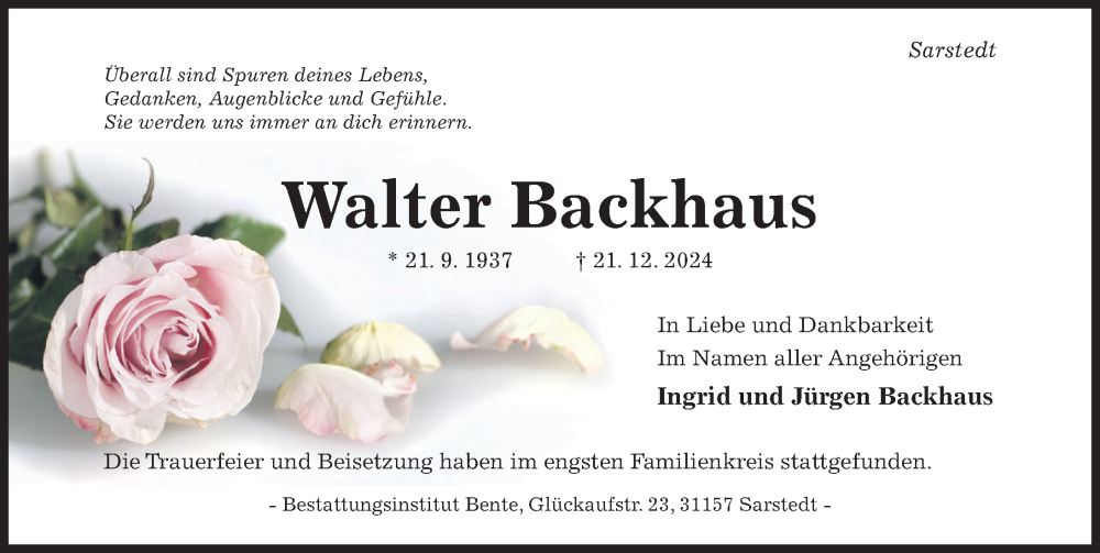  Traueranzeige für Walter Backhaus vom 04.01.2025 aus Hildesheimer Allgemeine Zeitung