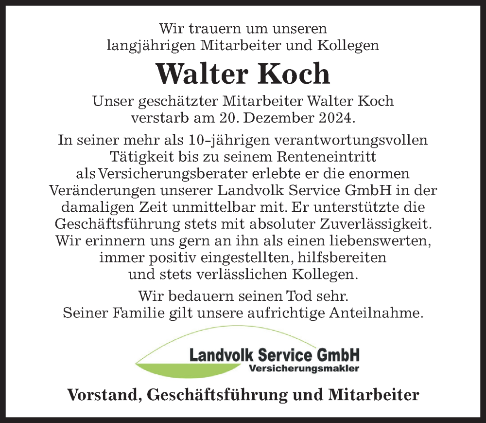  Traueranzeige für Walter Koch vom 11.01.2025 aus Hildesheimer Allgemeine Zeitung