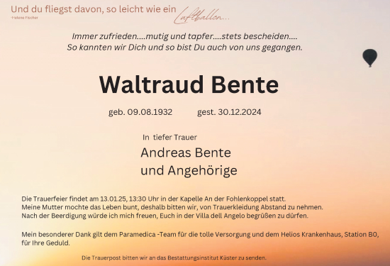 Traueranzeige von Waltraud Bente von Hildesheimer Allgemeine Zeitung