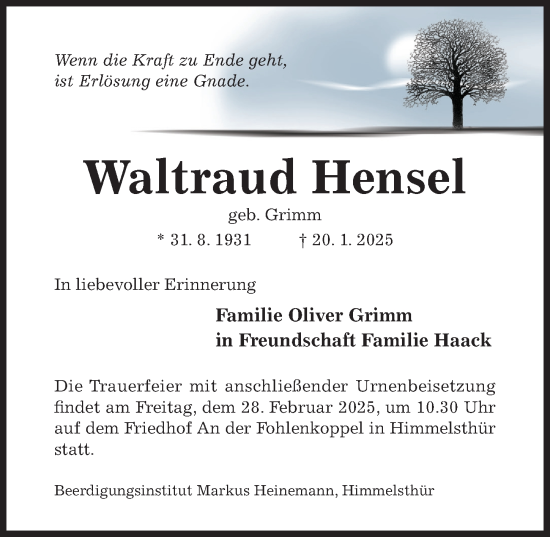 Traueranzeige von Waltraud Hensel von Hildesheimer Allgemeine Zeitung