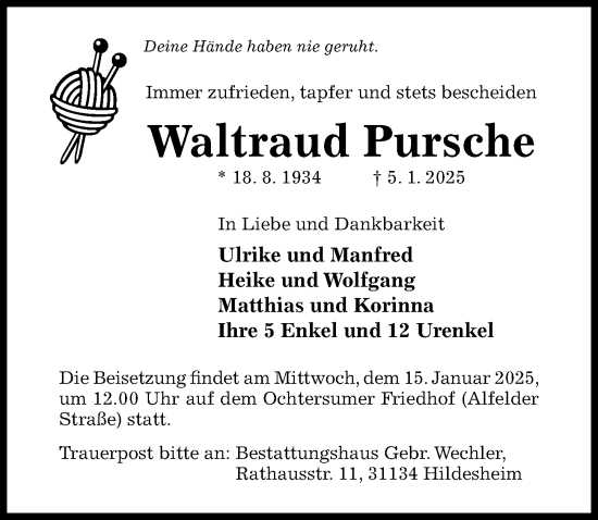 Traueranzeige von Waltraud Pursche von Hildesheimer Allgemeine Zeitung