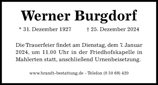 Traueranzeige von Werner Burgdorf von Hildesheimer Allgemeine Zeitung