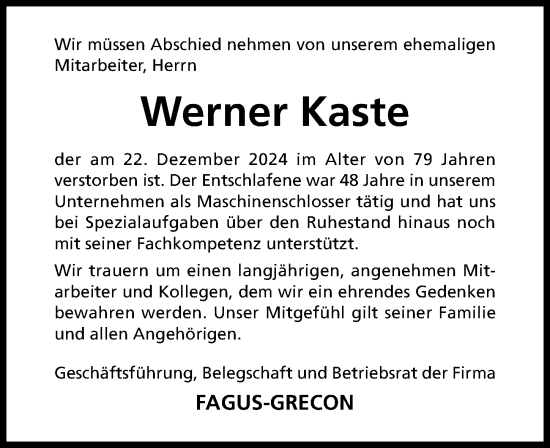 Traueranzeige von Werner Kaste von Hildesheimer Allgemeine Zeitung