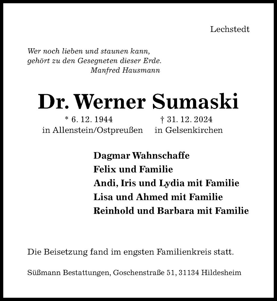  Traueranzeige für Werner Sumaski vom 18.01.2025 aus Hildesheimer Allgemeine Zeitung