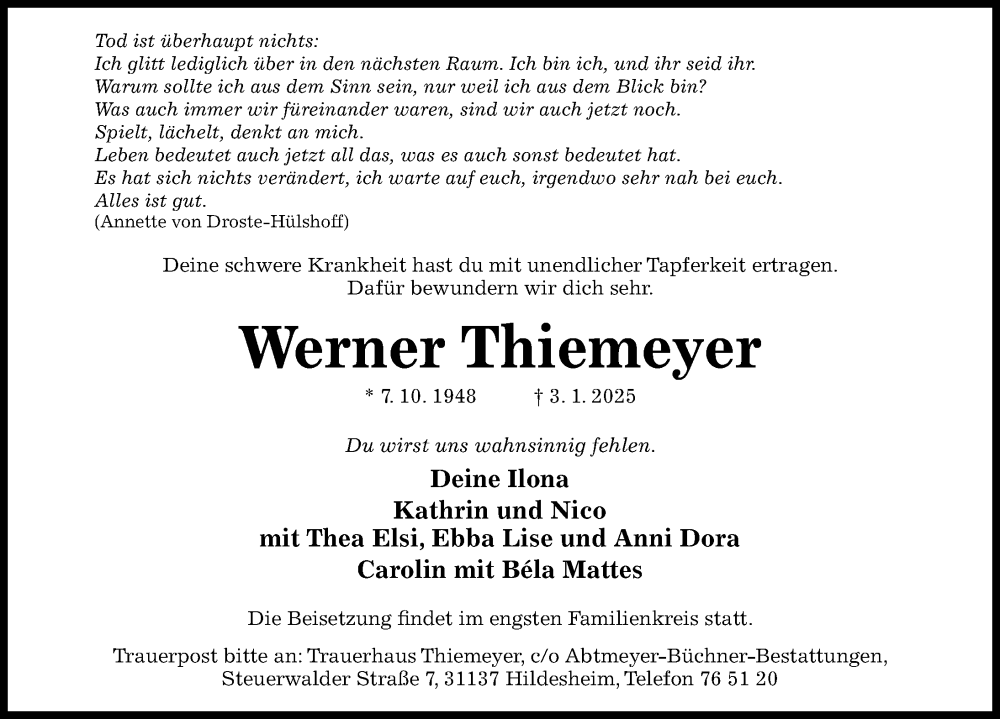  Traueranzeige für Werner Thiemeyer vom 15.01.2025 aus Hildesheimer Allgemeine Zeitung