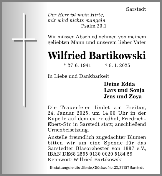 Traueranzeige von Wilfried Bartikowski von Hildesheimer Allgemeine Zeitung