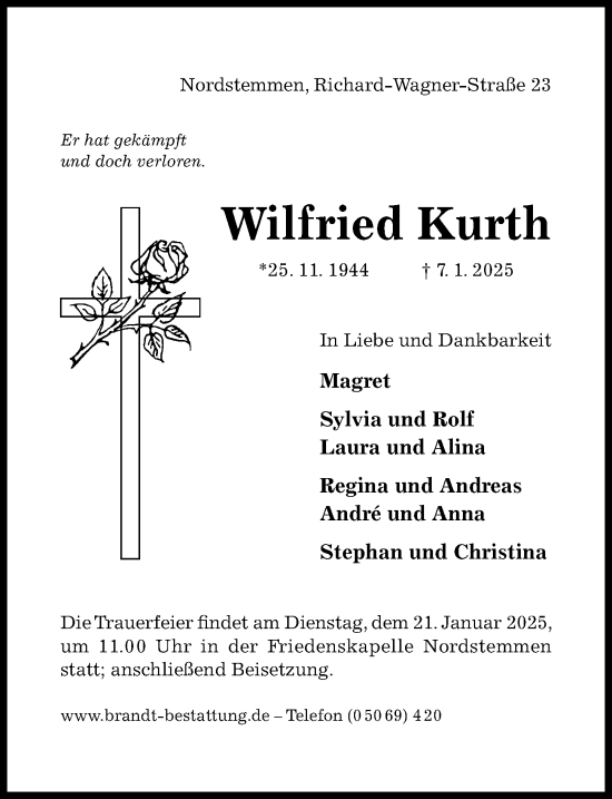 Traueranzeige von Wilfried Kurth von Hildesheimer Allgemeine Zeitung