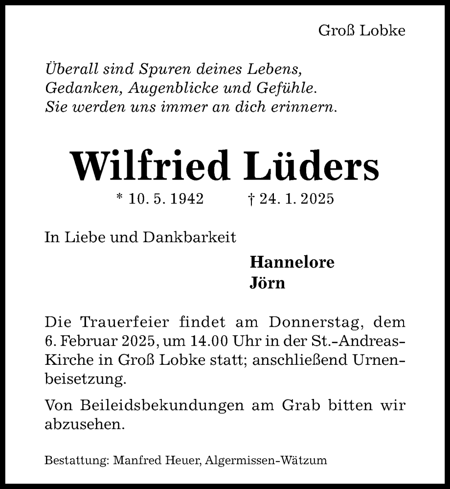  Traueranzeige für Wilfried Lüders vom 29.01.2025 aus Hildesheimer Allgemeine Zeitung